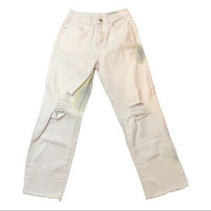 SHEIN extra small white jeans high rise blue and yellow distressing